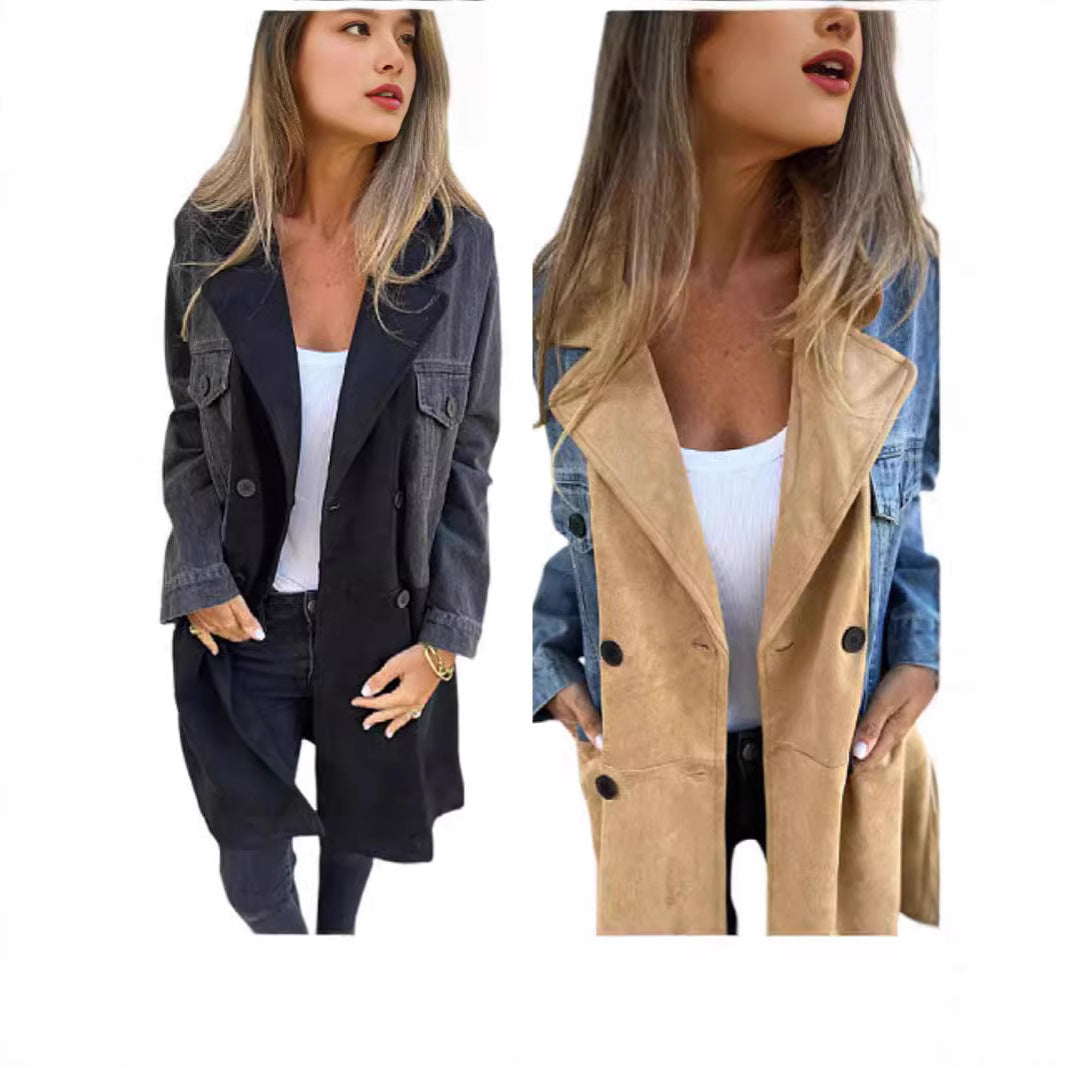 Damen Oversize Jeans-Blazer mit kontrastierendem Wildleder-Einsatz und doppelter Knopfreihe Nord Taschen