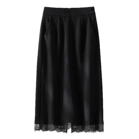 Damen Midirock aus Satin mit Spitzenbesatz und Seitentaschen Nord Taschen