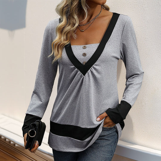 Damen Longsleeve mit tiefem V-Ausschnitt, Zierknopfleiste und Kontrastbordüren Nord Taschen