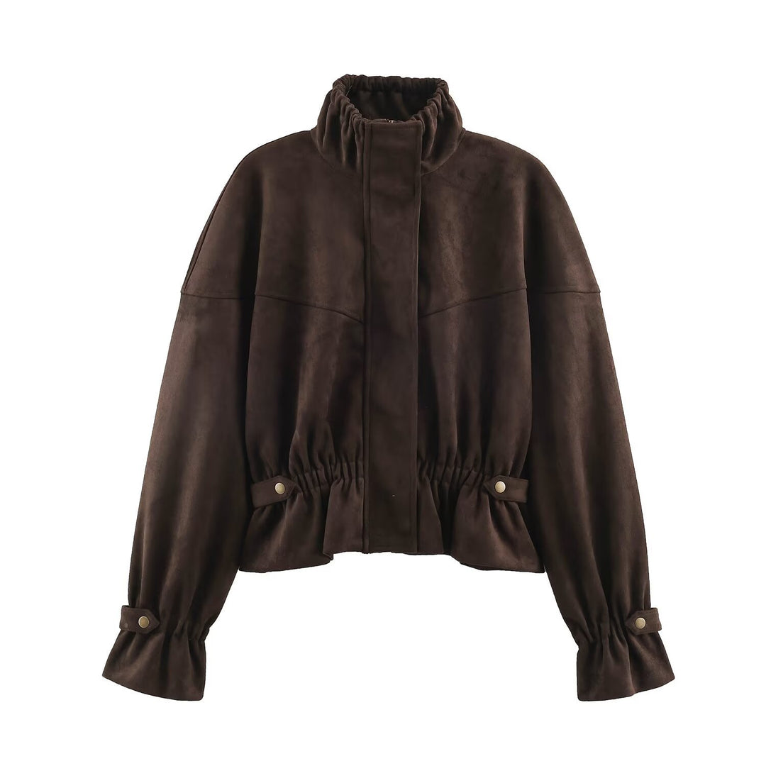Damen Kurze Velours‑Optik Jacke mit Tunnelzug‑Taillierung, hohem Stehkragen und verstellbaren Manschetten Nord Taschen