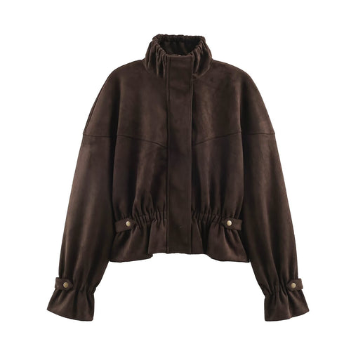 Damen Kurze Velours‑Optik Jacke mit Tunnelzug‑Taillierung, hohem Stehkragen und verstellbaren Manschetten Nord Taschen