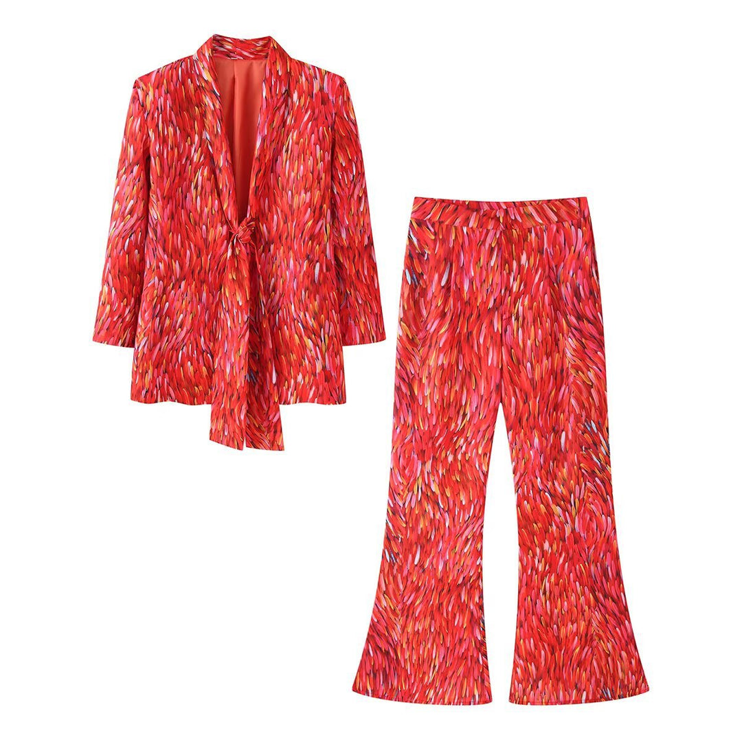 Damen Zweiteiliges Blumen-Jacquard-Blazer- und Schlaghose-Set Nord Taschen