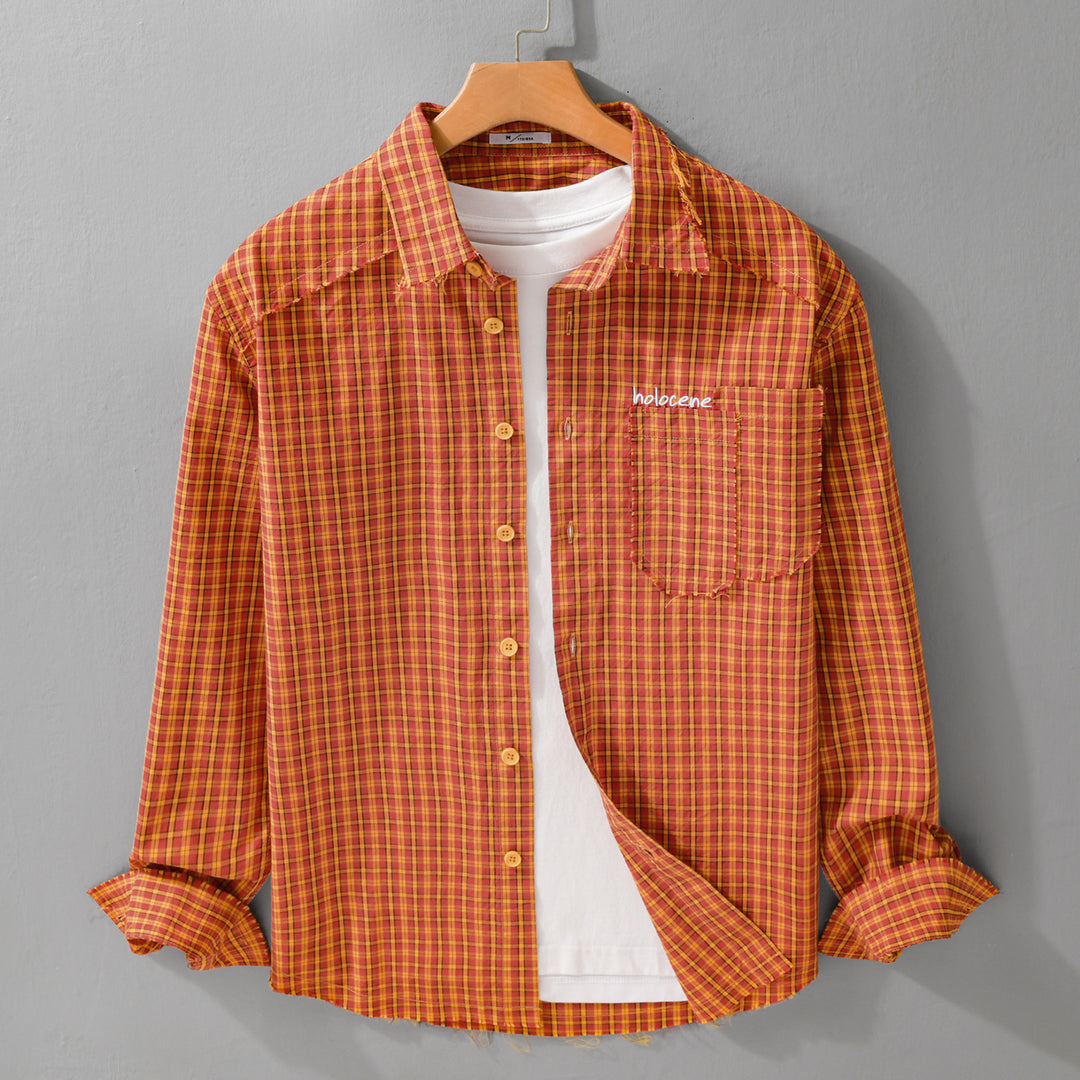 Herren Karo-Overshirt mit fransigem Saum, Brusttasche und Relaxed-Fit Nord Taschen