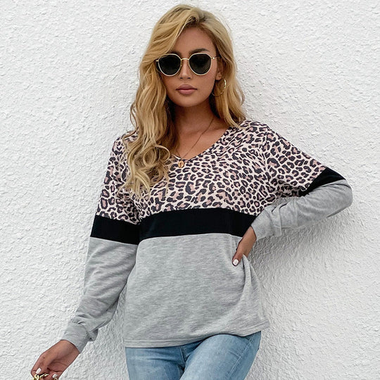 Damen Langarmshirt mit V-Ausschnitt und Leopardenmuster im Colorblock-Design Nord Taschen