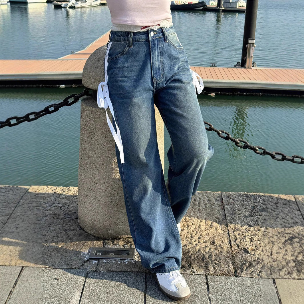 Damen Weite High-Waist Denim-Jeans mit dekorativen Seitenbändern und geradem Bein Nord Taschen