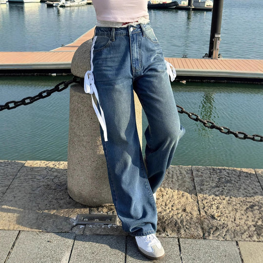 Damen Weite High-Waist Denim-Jeans mit dekorativen Seitenbändern und geradem Bein Nord Taschen
