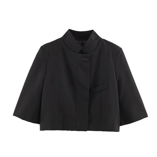 Damen Elegante Cropped-Jacke mit Stehkragen, verdeckter Knopfleiste und 3/4-Ärmeln Nord Taschen