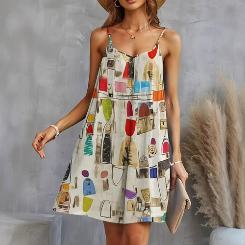 Damen luftiges Sommerkleid mit buntem geometrischem Muster und Kreuzträgern Nord Taschen
