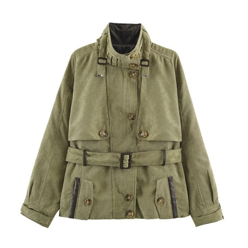 Damen Kurze Cord-Trenchjacke mit Taillengürtel, Cape-Detail und Stehkragen Nord Taschen