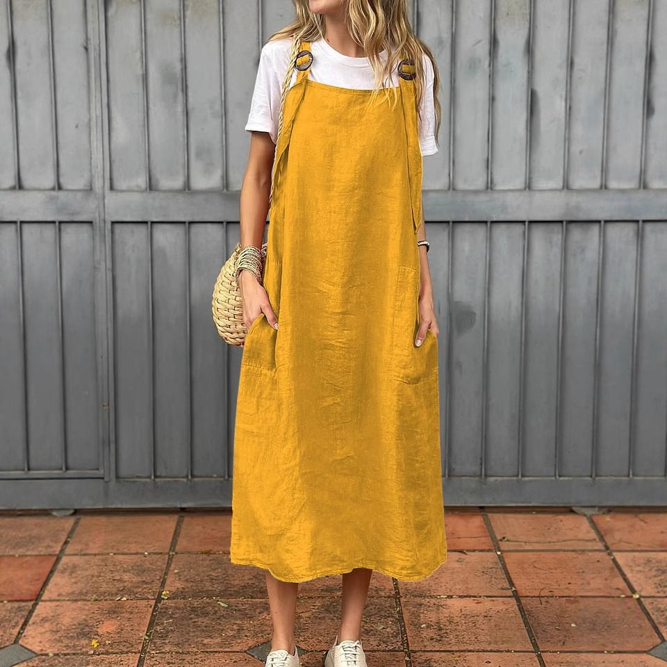 Damen lässiges Leinenkleid mit praktischen Taschen und verstellbaren Trägern