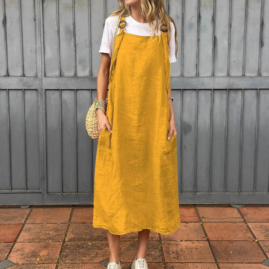 Damen lässiges Leinenkleid mit praktischen Taschen und verstellbaren Trägern