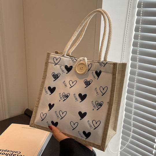 Damen Jute-Tragetasche mit verspieltem Herzdesign und Buttonverschluss Nord Taschen