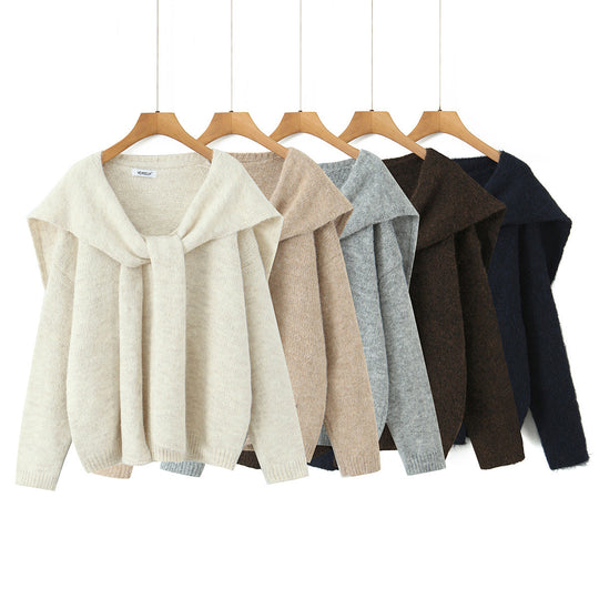 Damen Oversize Strickpullover mit integriertem Schal und weitem Schulterkragen Nord Taschen