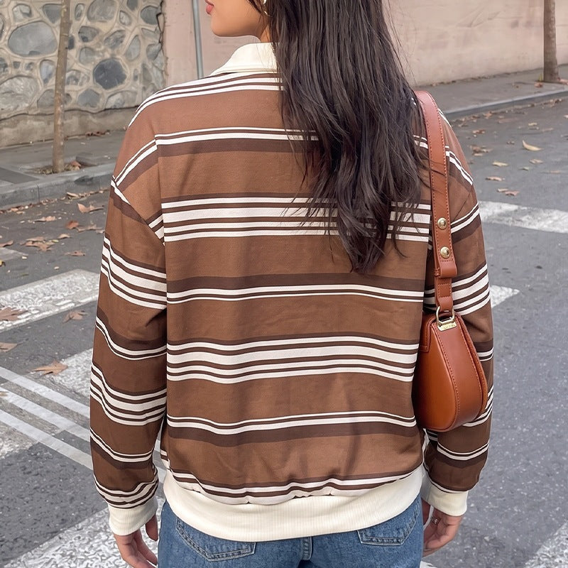 Damen Gestreifter Rugby-Pullover mit Polokragen und Oversize-Passform Nord Taschen