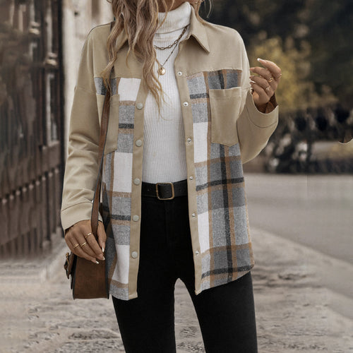 Damen Oversized Hemdjacke mit kariertem Frontpanel, Druckknopfverschluss und aufgesetzten Brusttaschen Nord Taschen