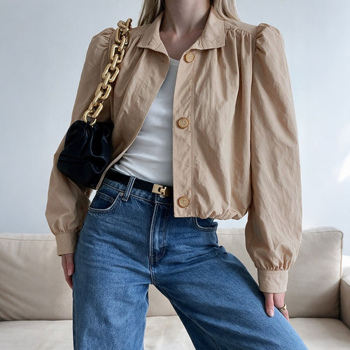 Damen Leichte Kurzjacke mit Ballonärmeln, Puffschultern & Gummizugsaum Nord Taschen
