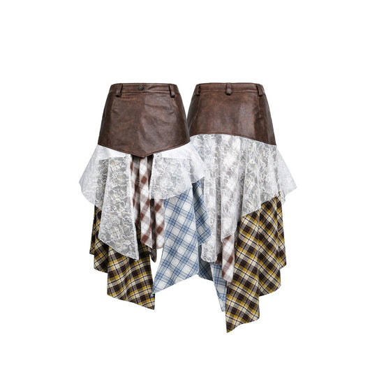 Damen Asymmetrischer Lagenrock mit Kunstlederbund und Karomix Nord Taschen