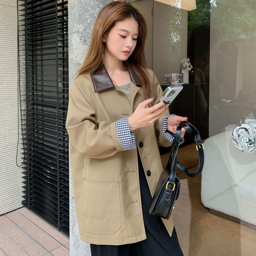 Damen Leichte Oversize-Übergangsjacke mit Kontrastkragen und kariertem Ärmelsaum Nord Taschen