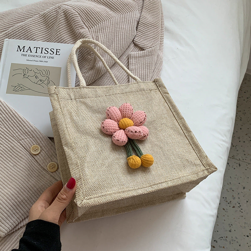 Damen Jute-Tragetasche mit verspieltem Blumenapplikationsdesign Nord Taschen