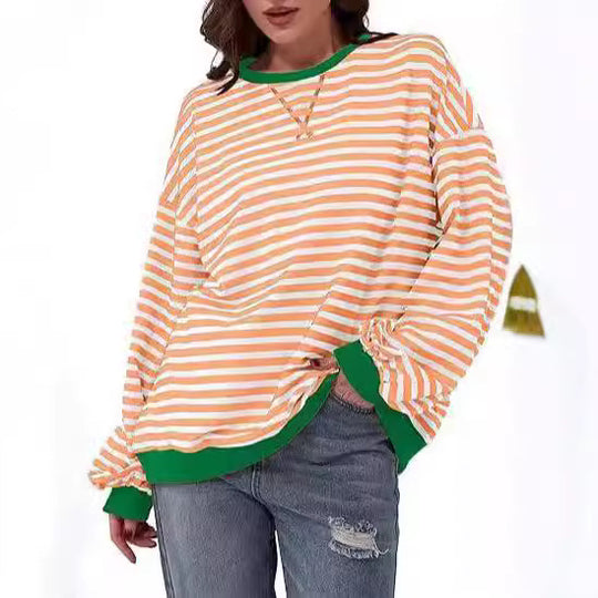 Damen Gestreifter Oversize Pullover mit Kontrastbündchen Nord Taschen