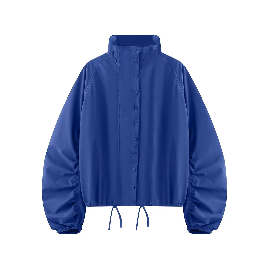 Damen Übergangsjacke mit weitem Ballonärmeln, Stehkragen und Tunnelzug Nord Taschen
