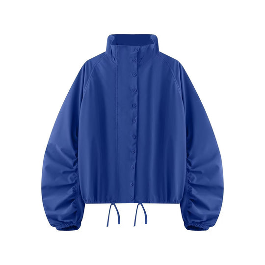 Damen Übergangsjacke mit weitem Ballonärmeln, Stehkragen und Tunnelzug Nord Taschen
