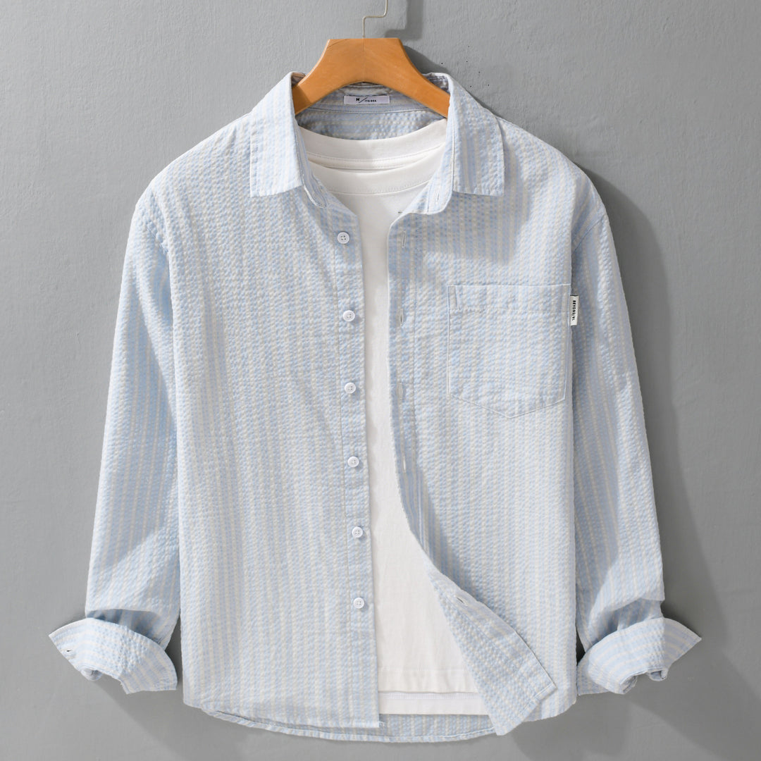 Herren Gestreiftes Relaxed-Overshirt aus strukturiertem Baumwollmix mit Brusttasche Nord Taschen