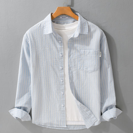 Herren Gestreiftes Relaxed-Overshirt aus strukturiertem Baumwollmix mit Brusttasche Nord Taschen
