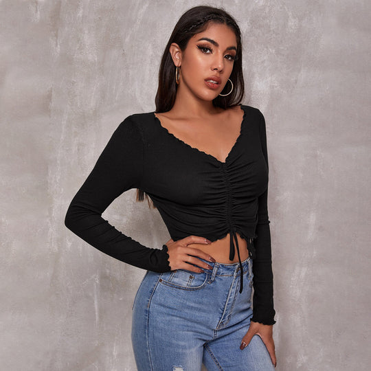 Damen geripptes Cropped-Longsleeve mit Tunnelzugvorderseite, Bindekordeln und gewelltem Saum Nord Taschen