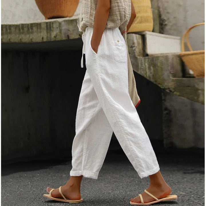 Damen lässige Leinenhose mit elastischem Bund und seitlichen Taschen Nord Taschen