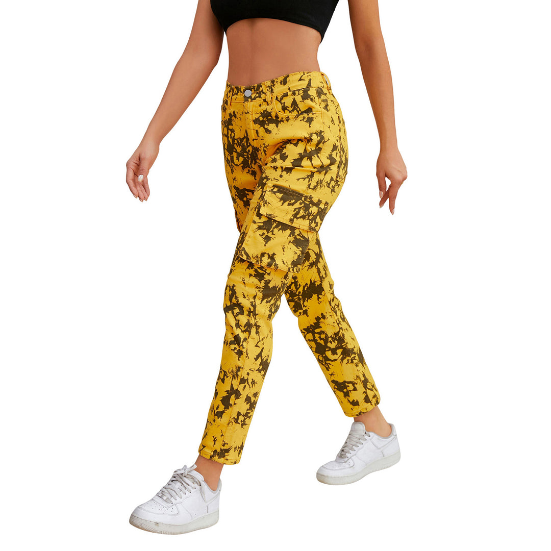 Damen Cargo-Hose mit Tie-Dye-Muster, hoher Bund und aufgesetzten Taschen Nord Taschen