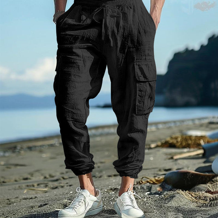 Herren nan lässige Leinen-Cargo-Jogger mit Kordelbund, großen Klapptaschen und elastischem Knöchelabschluss