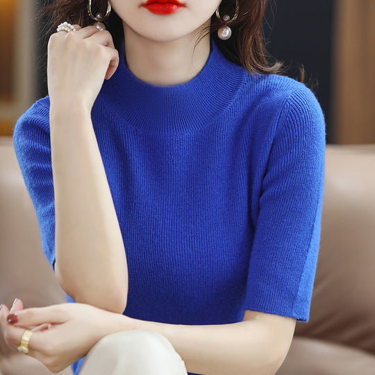 Damen Kurzarm-Feinstrickpullover mit Stehkragen und taillierter Passform Nord Taschen
