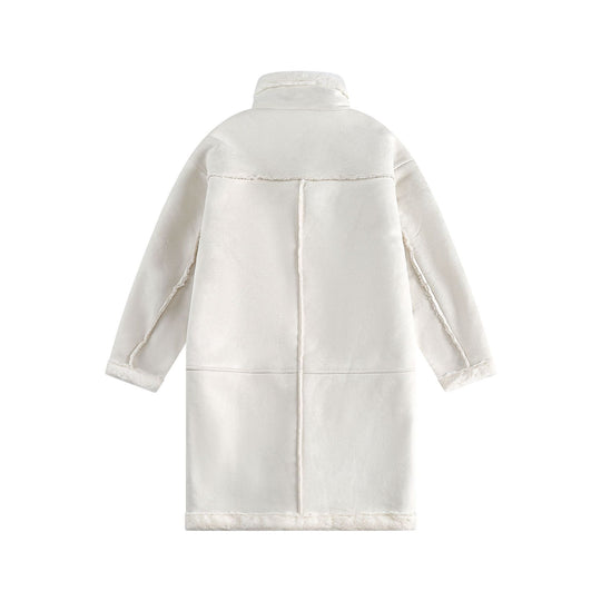 Damen Langer Oversize Lammfell‑Imitat Mantel mit Stehkragen und Schnallenverschluss Nord Taschen