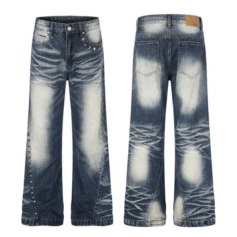 Damen Hochtaillierte weite Schlagjeans mit Used‑Waschung und Nietenbesatz Nord Taschen