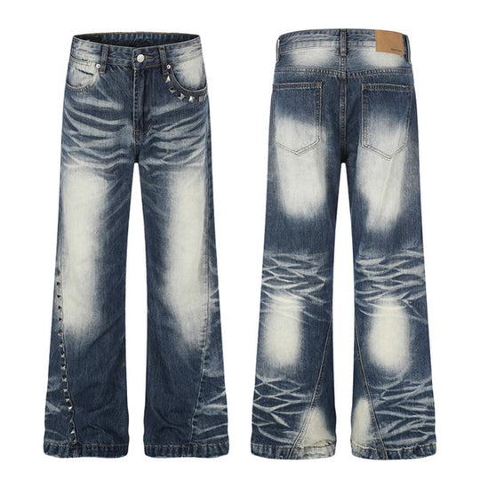 Damen Hochtaillierte weite Schlagjeans mit Used‑Waschung und Nietenbesatz Nord Taschen