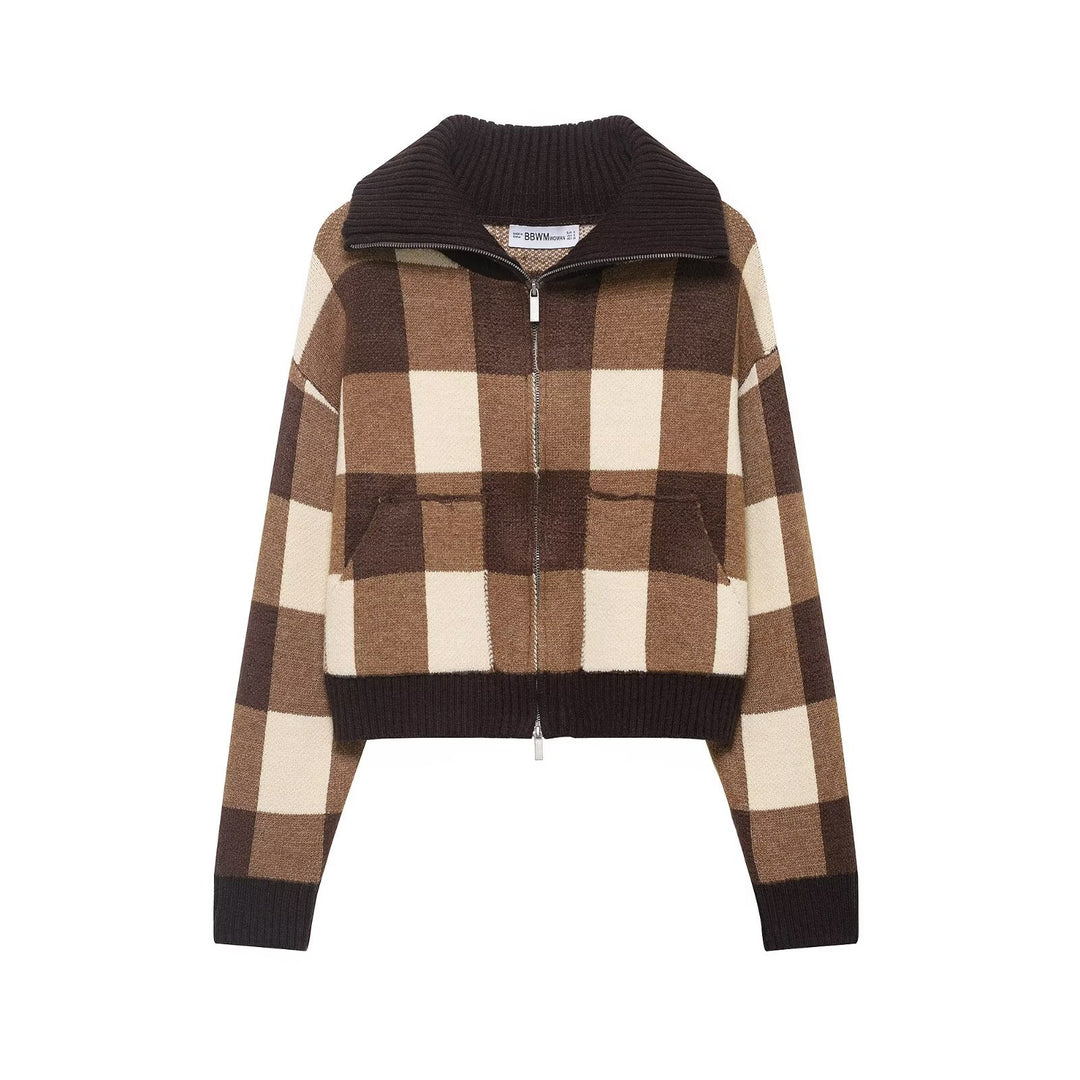 Damen Kariertes Strick-Cropped-Cardigan mit Reißverschluss und breitem Rippenkragen Nord Taschen