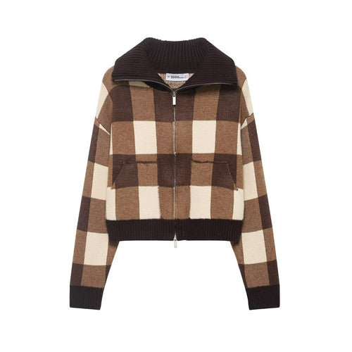 Damen Kariertes Strick-Cropped-Cardigan mit Reißverschluss und breitem Rippenkragen Nord Taschen