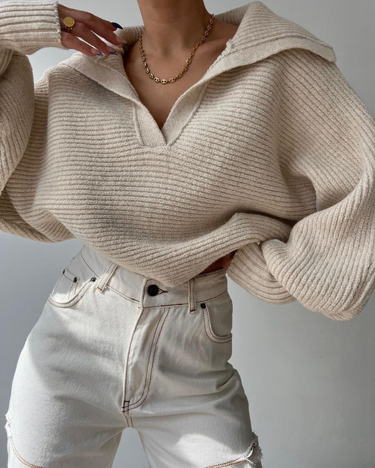 Damen Oversize Rippsweater mit Reverskragen und tiefem V‑Ausschnitt Nord Taschen