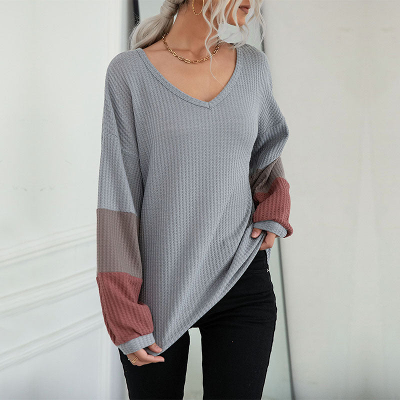 Damen Lockeres Waffelstrick-Shirt mit V‑Ausschnitt und Colorblock‑Ärmeln Nord Taschen