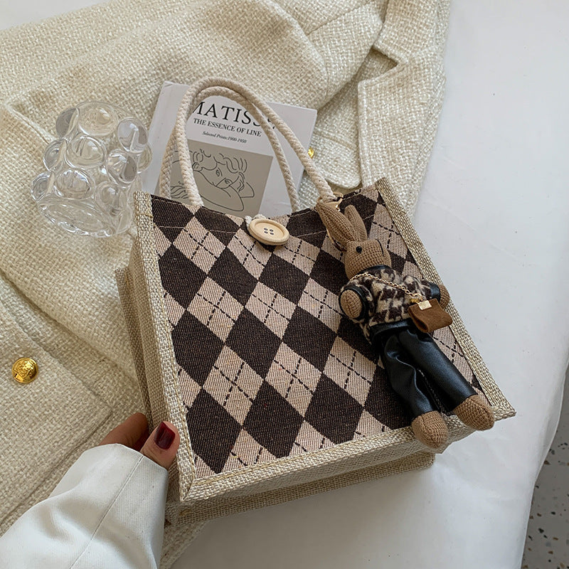 Damen Jute-Umhängetasche mit stilvollem Rautenmuster Nord Taschen