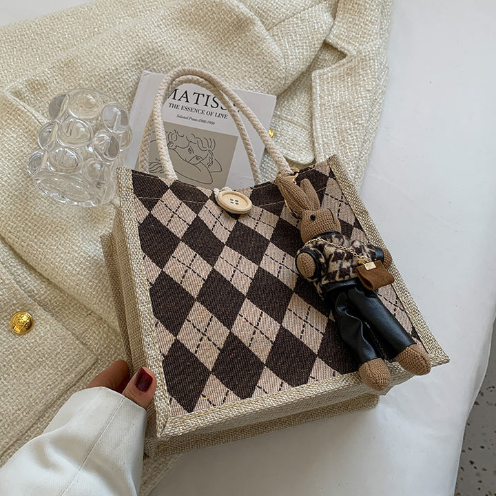Damen Jute-Umhängetasche mit stilvollem Rautenmuster Nord Taschen