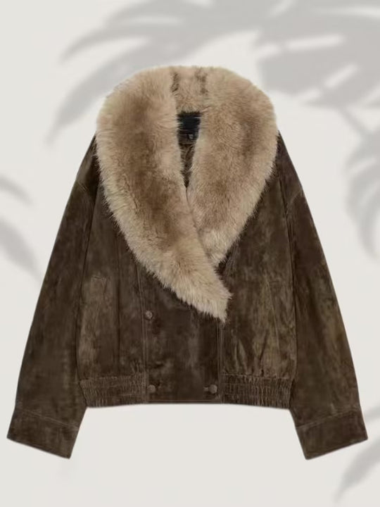 Damen Kurz geschnittene Wildlederjacke im Bomberstil mit luxuriösem Pelzkragen Nord Taschen