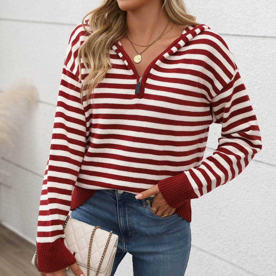 Damen Modischer Strickpullover mit Kapuze und halbem Reißverschluss Nord Taschen