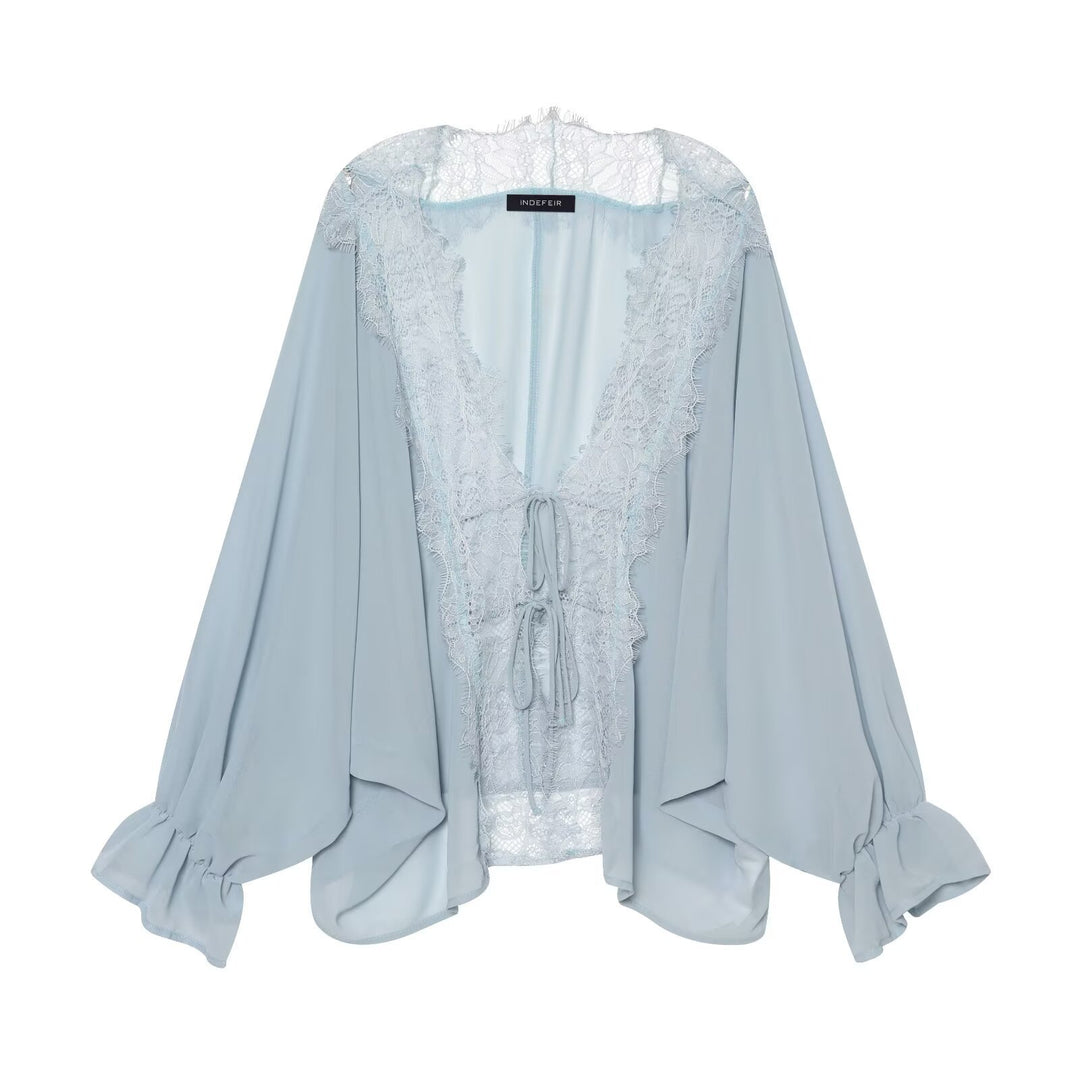 Damen Fließende Kimono‑Bluse mit Spitzenbesatz und Bindeband Nord Taschen