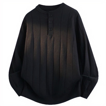Unisex Oversized Strukturierter Henley-Strickpullover mit vertikaler Rippenstruktur und halber Knopfleiste Nord Taschen