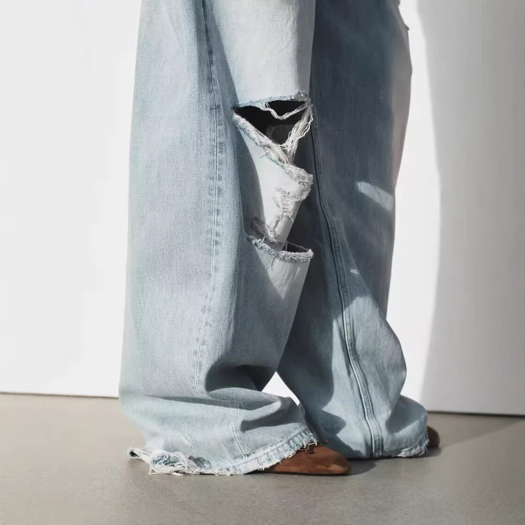Damen Weite High‑Waist Jeans mit markanter Riss‑ und Used‑Optik Nord Taschen