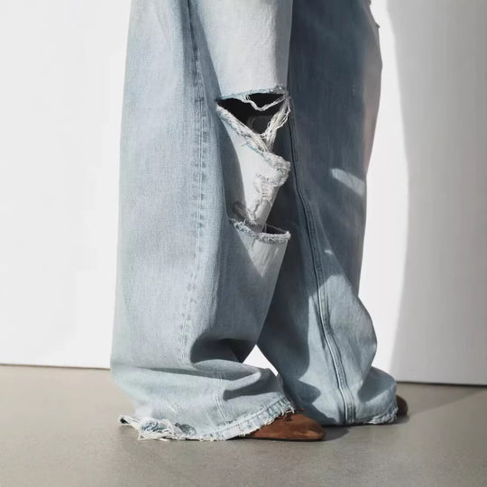 Damen Weite High‑Waist Jeans mit markanter Riss‑ und Used‑Optik Nord Taschen