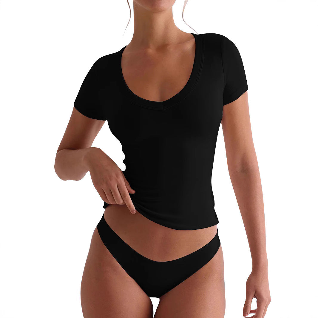 Damen figurbetontes V-Neck T-Shirt mit kurzen Ärmeln