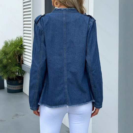 Damen taillierte Denim-Jacke mit Fransenrand und dekorativer Knopfleiste Nord Taschen